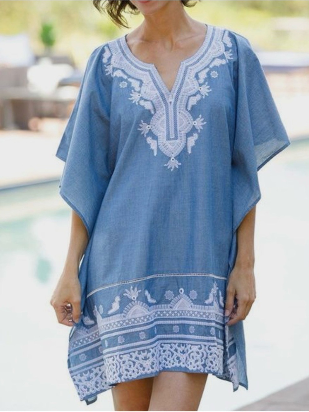 Embroidered Chambray Kaftan Swim Cover Blue White Beach Resortwear Greece L/XL